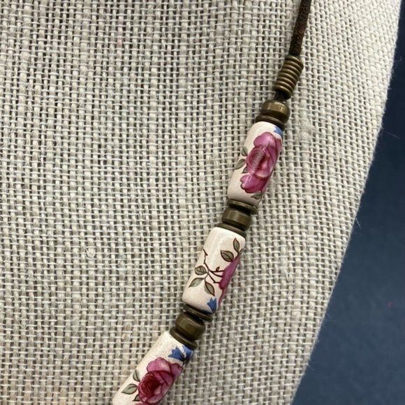 Floral Beaded Necklace Ceramic Pink Rose Cream Blue Green Bronze Cord Soft Girl - Picture 3 of 9